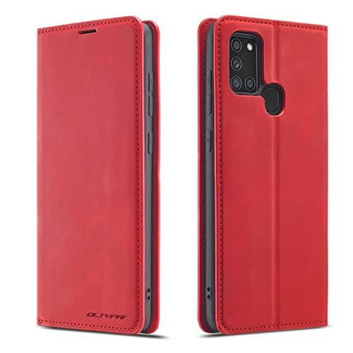 QLTYPRI Case for Samsung Galaxy A21S, Premium PU Leather Cover TPU Bumper with Card Holder Kickstand Hidden Magnetic Adsorption Flip Wallet Case Cover for Samsung Galaxy A21S - Red