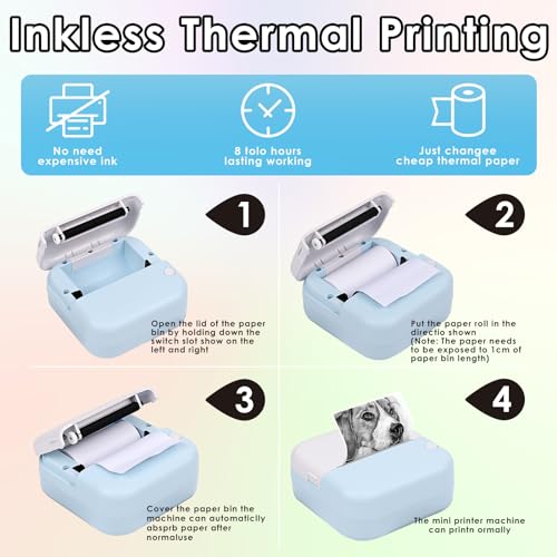 GuKKK Mini Drucker, Mobiler Fotodrucker, Tragbarer Mini Fotodrucker, Wireless Fotodrucker Thermodrucker, mit 13 Rollen Druckerpapie und 5 Buntstifte, Smartphone Bluetooth Drucker, für Liste, Journal