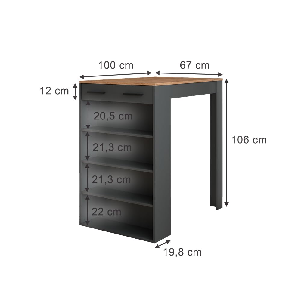 Vicco tavolo bar alto Repose, Rovere dorato/antracite, 67 x 100 cm, per l'utilizzo come tavolo alto con ripiani regolabili