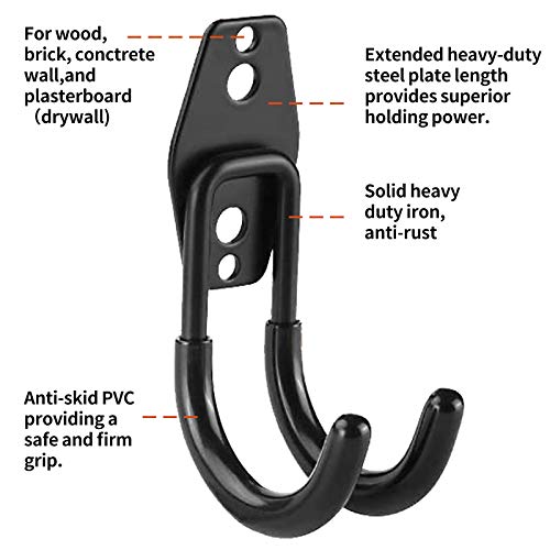 LIIBOT 2 Pack Garage Hooks with Heavy Duty Steel Storage Tool Hangers for Garage Wall Mount Utility Double Hooks with Anti-Slip Coating for Bike Garden Tools Ladders Bulky Items (S, J-Shaped, Black)