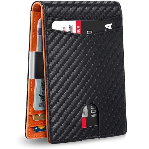 Credit Card Holders for Mens Minimalism Leather Card Holder for Men Slim Card Casecard Wallet RFID Blocking Anti Theft Wallet for Men Compact Wallet Bank Card Holder(Black Orange Fiber)