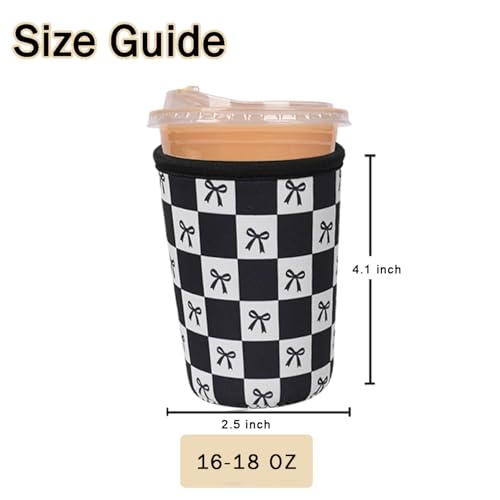 Image of Reusable Insulated Sleeve for Iced Coffee Cup, Coffee Neoprene Sleeve for Cold & Hot Drinks, Beverage Holder for Iced Coffee (Black Checkered Bows, Small: 16-18oz)