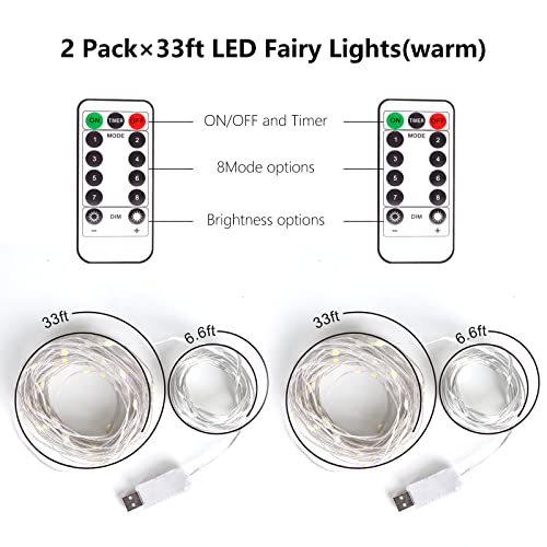 Fairy Lights Usb Plug In, 2 Pack×33Ft Led String Lights With Remote, 8 Modes Fairy String Lights, Christmas Lights Indoor Outdoor, Twinkle Lights For Bedroom, Party,Garden,Tree (Warm White) #TOP6