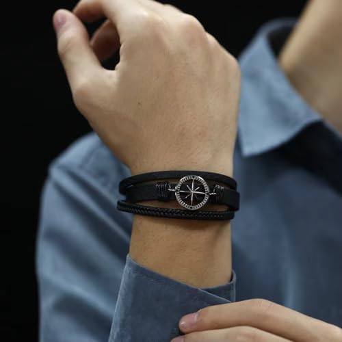 Image of Black Braided Leather Bracelet For Men