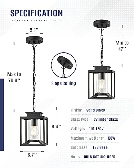 Outdoor Pendant Light for Porch, 1-Light Black Hanging Porch Light Modern Exterior Hanging Lantern with Cylinder Glass and Adjustable Chain for Gazebo, 2353/1H
