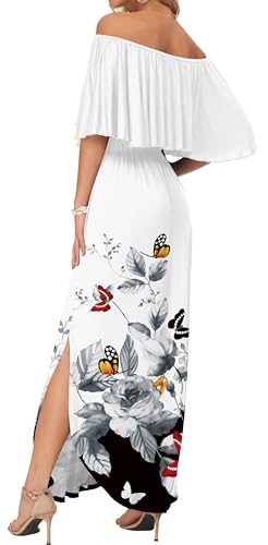Image of AUSELILY Womens Off Shoulder Ruffle Split Summer Maxi Dresses with Pockets | Off-shoulder Ruffle dress with empire waist & side split for summer beach and casual parties