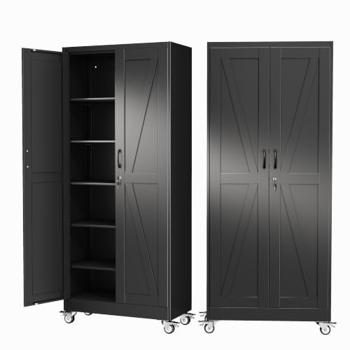 Ckzbx Metal Garage Storage Cabinet with Locking Doors and Adjustable Shelves,75" H Rolling Tool Storaget with Wheels for Garage,Office (Black)