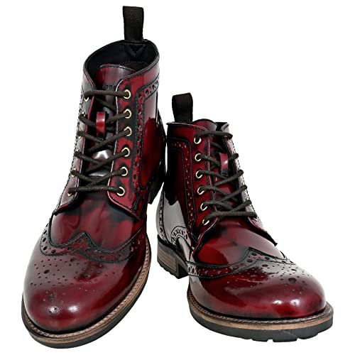 Image of Hx London Mens Leather Brogue Lace-Up Boots, Burgundy red, 7 UK