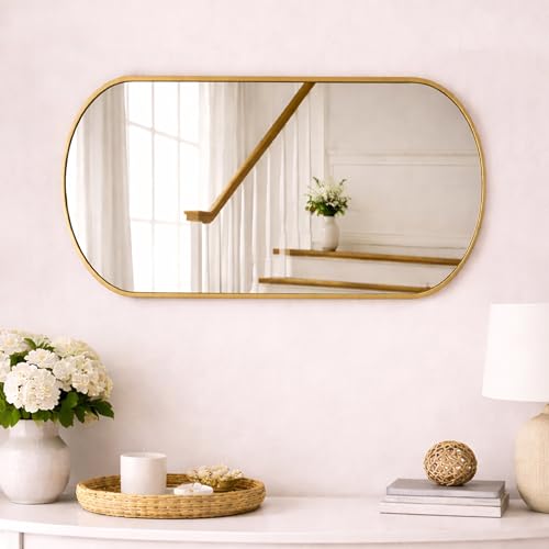 Image of Rousrie Premium Glass Wall Mirror with Golden Border, Capsule Shape, 45 x 30 cm, for Bathroom, Living Room, Washbasin