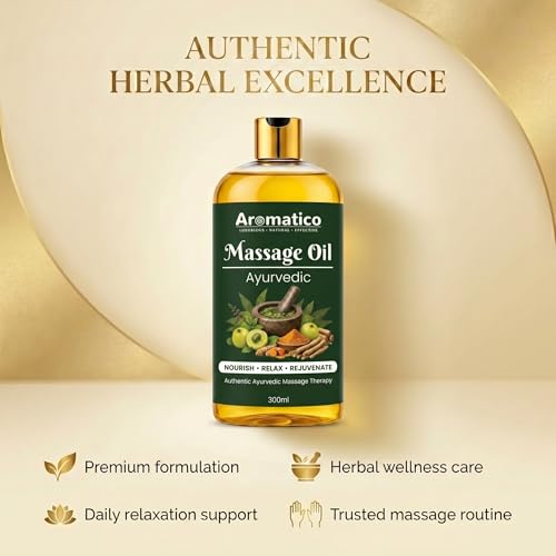 Image of AROMATICO Ayurvedic Massage Oil - Herbal Massage Oil with Traditional Ayurvedic Herbs, Almond & Sesame for Muscle Relaxing, Stress Relief & Daily Abhyanga | 300ml
