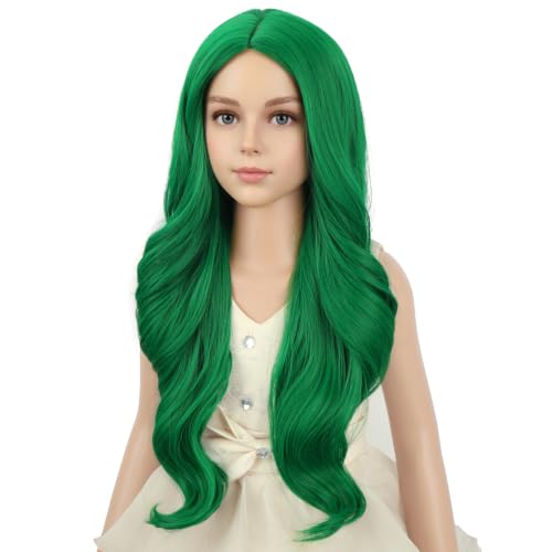 Image of PATTNIUM Green Wig for Girls Kids Long Curly Wavy Green Wigs Middle Part Hair Heat Resistant Synthetic Hair Wig with Wigs Cap