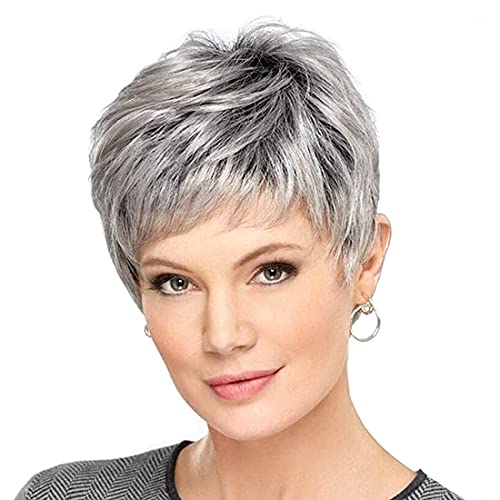 UD Short Grey Wig for Women Curly Gray Wigs Synthetic Bob Layered Dark Roots Light Blonde Pixie Cut Wig With Bangs for Daily Party Wig, 1 Count (Pack of 1)