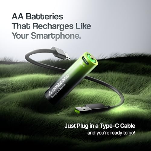 Image of Ambrane AA Type C Rechargeable Batteries, Pack of 2, 1850mAh Lithium Ion Battery, Charge with Any Type C Cable & Adapter, No Separate Charger Required, Save Environment & Money (Reneo, Green)