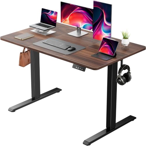 Standing Computer Gaming Office Desk - 48 x 24 Inches Adjustable Stand Up Electric Height Rising Table with Memory Presets for Home Study Writing Work, Stable Steel Frame, Easy Assembly, Dark Walnut