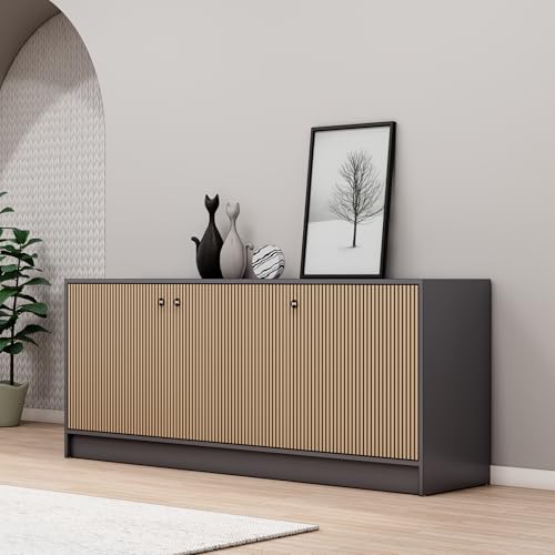 Image of Bniture Luxe Storage Cabinet for Living Room | Wooden Sideboard Cabinet with 3 Door & 3D Textured | Multipurpose Storage Cabinet Organizer for Home Hallway, Bedroom & Kitchen | Grey & Giant Wood