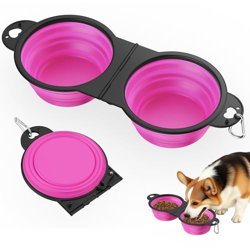 Pawaboo Ciotole per Cani Pieghevoli, Doppia Ciotola per Cibo e Acqua per Cuccioli, Ciotole per Cani in Silicone Ribaltabile a 180° con Gancio in Metallo, Ciotoles per Animali da 450 ml, Rosa
