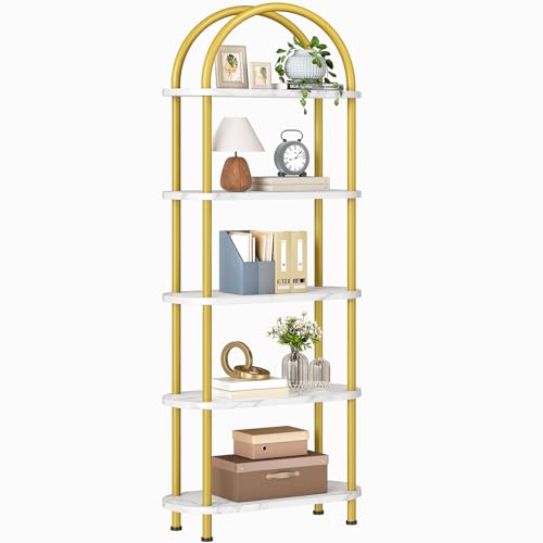 HOOBRO 5 Tier Open Bookshelf, Modern Arched Bookcase Display Shelf Racks, Wooden Bookcase Storage Shelves Metal Frame, Tall Storage Organizer for Living Room, Easy Assembly, Gold DM176SJ01