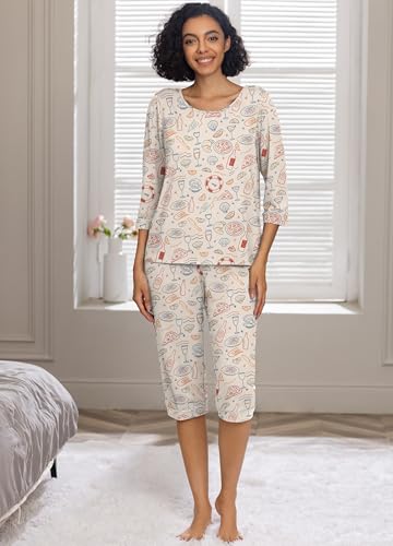 Image of PrinStory Womens Pajama Sets Capri Pjs Soft Lounge Sets XS-4XL
