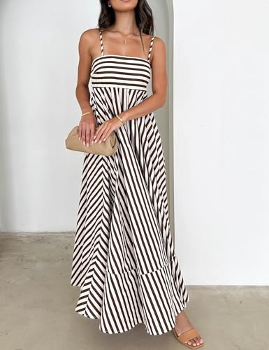 NUFIWI Women Summer Striped Maxi Dress Spaghetti Strap Cutout Ruffle Long Dress Flowy Swing Beach Vocation Dress4