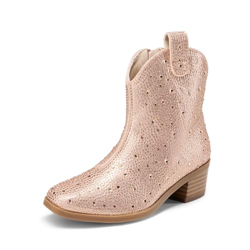 DREAM PAIRS Girls Cowgirl Cowboy Rhinestone Boots Ankle Low Heel Dress Booties 9 Toddler Champagne