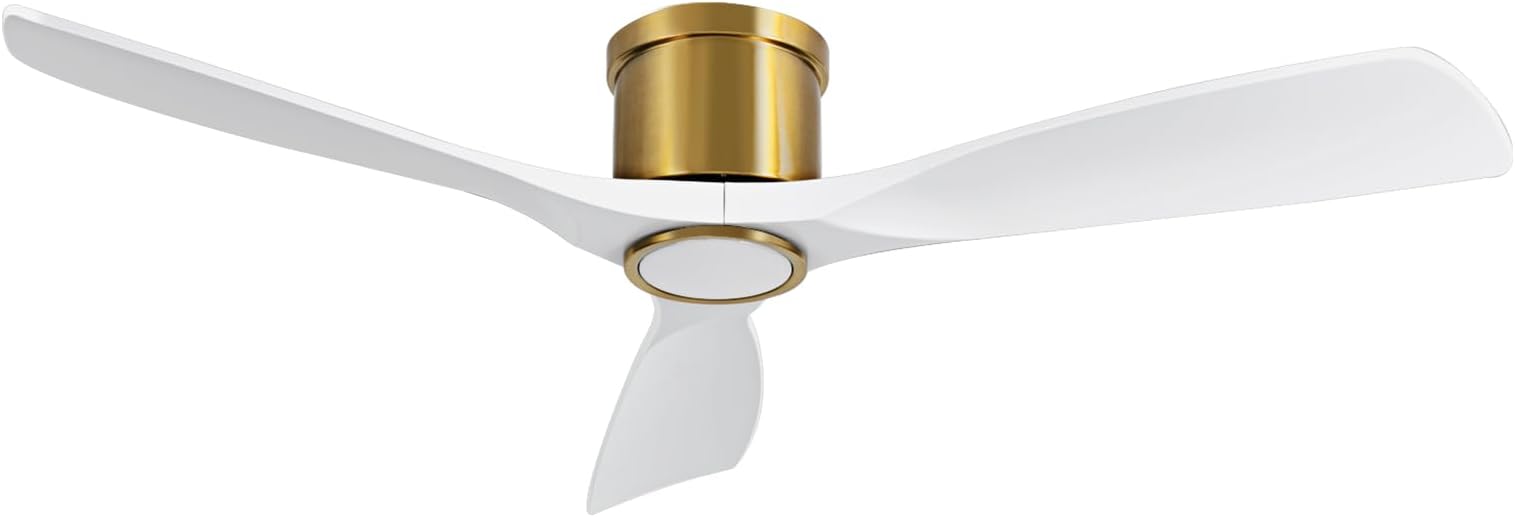 – Ovlaim 52 Inch Smart Ceiling Fan with Light and Remote, Indoor 3 Blade White Gold Low Profile Flush Mount Modern Ceiling Fans for Bedroom Living Room