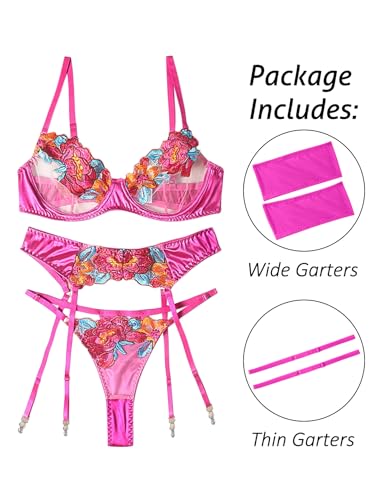 Image of Lilosy Sexy Leaf Floral Embroidered Mesh Sheer Women Underwire Push Up Lingerie Set