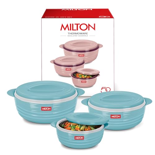 Image of MILTON Aspire Jr. Set of 3 Serving Casserole Double Walled Inner Stainless Steel, (350ml, 720ml,1050ml), PU Insulated Kitchen Hot Pot, Keeps Food hot & Fresh for Roti, Biryani, Blue