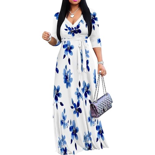 Image of Women Plus Size Long Sleeve V Neck Maxi Dress with Belt | Soft fabric relaxed fit three quarter sleeve v neck with pockets for party and daily wear