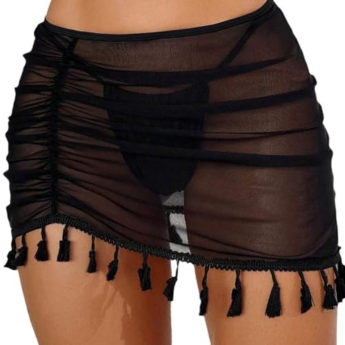 PURPLELILY Damen-Strandkleid mit Fransen, gerüscht, durchsichtig, mit Quasten, Badeanzug, stilvolle Strandmode