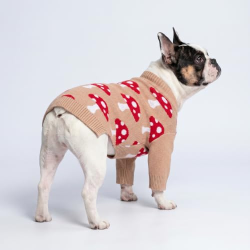 Image of Fitwarm Mushroom Dog Knitted Sweater, Cozy Winter Clothes for Small Dogs Boy Girl, Soft Pet Outfit, Beige, Red, White, Medium