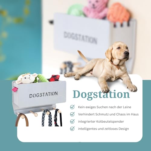 INEXTERIOR Hundegarderobe CLASSIC aus Holz - personalisierbar - in Deutschland handgefertigt - Aufbewahrung für Hundeleinen (Grau, Schriftzug Dogstation)