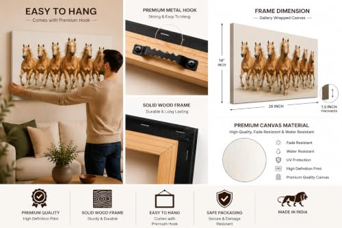 Image of 7 Horse Vastu Sunrise Canvas Painting | Positive Energy Wall Decor | Big Size Premium Running Horses Artwork for Home, Office & Hall Decoration (Modern, Light Brown Horse, 26x18 Inch)