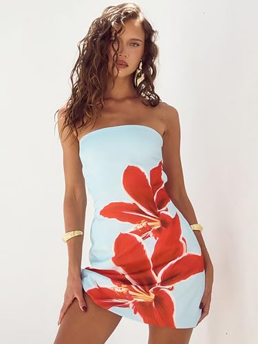 Women Sexy Tropical Summer Dress Strapless Floral Midi Tube Bodycon Party Clubwear3