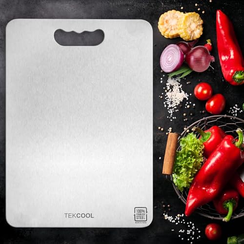Image of TEKCOOL Stainless Steel Chopping Board (32 x 22 CM), Vegetable Cutting Board, Premium SUS304 Vegetable and Fruit Cutter Pad, Heavy-Duty Metal Chopping Board?