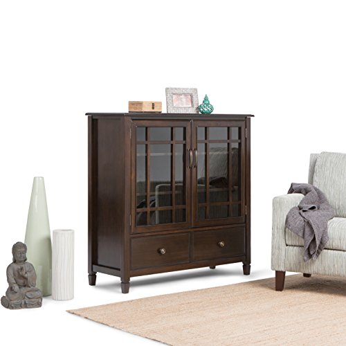 Simpli Home Connaught SOLID WOOD 46 inch Wide Traditional Tall Storage Cabinet in Dark Chestnut Brown, with 2 Tempered Glass Doors that open to a Cabinet with 4 Adjustable Shelves an two Deep Drawers - Thumbnail 3