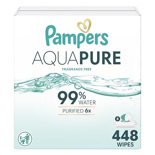 Pampers Aqua Pure Baby Wipes, 99% Water, Fragrance Free, Unscented, Water Based, Multi-Use, 448 Wipes Total (8X Flip-Top Packs) [Packaging May Vary]