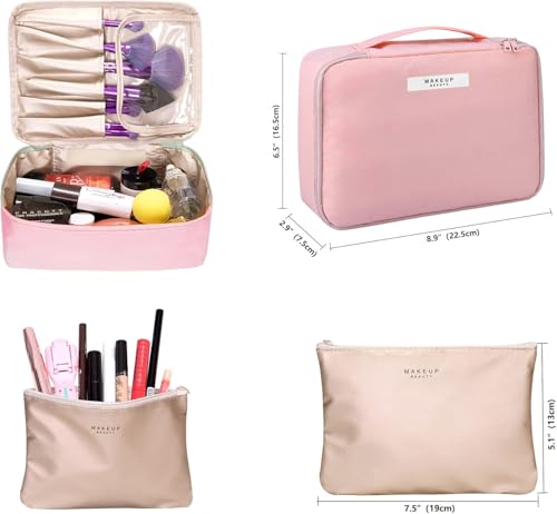 Image of WEMOL Small Travel Fashion Cosmetic Organizer Bag with Detachable Pouch, Super Soft Makeup Organiser Bag for Brushes, Toiletries, Cosmetics Items for Women (Pink)