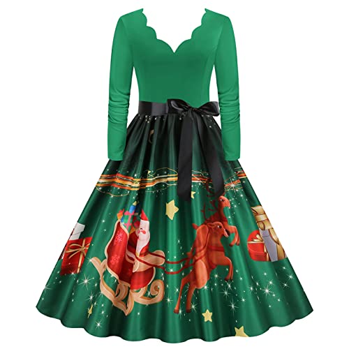 Weihnachten Kleid Damen Langarm Kleider, Festliche Elegant Weihnachtskleid 50er Jahre Retro Weihnachtskleider Rundhals Druck Faltenrock Vintage...