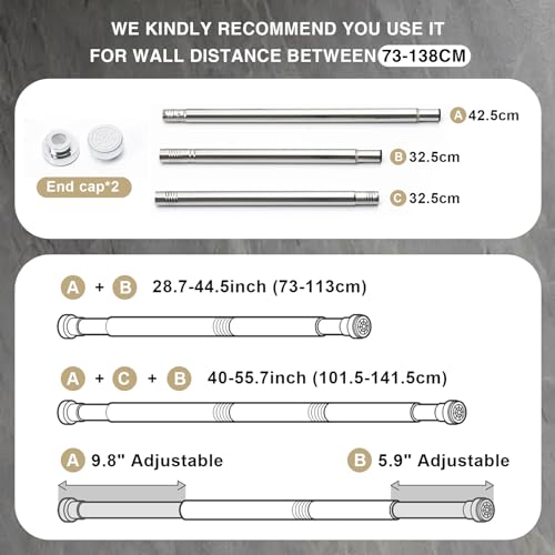 2PCS Shower Curtain Rod Stainless Steel Extendable Shower Curtain Pole No Drilling Tension Rod for Clothes Shower Curtain Rail Net Curtain Poles for Bathroom Window Closet Kitchen Wardrobe 73-138cm