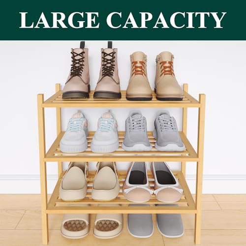 Image of Smiry Bamboo Shoe Rack, 5 Horizontal Slats, 3 Tier - 17.3 inch Wide, Natural