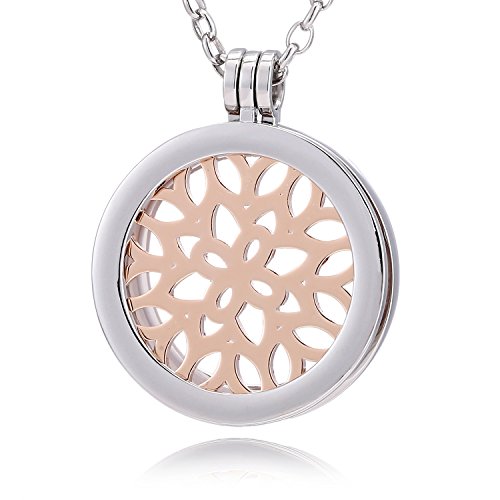 Morella damhalsband 70 cm rostfritt stål och hänge med coin 33 mm skog med löv roséguld 33 mm i smyckespåse