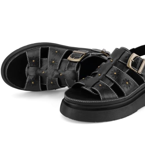Image of Platform Sandals for Women Chunky Ankle Buckle Casual Open Toe Comfortable Flower Decoration Fisherman Sandals