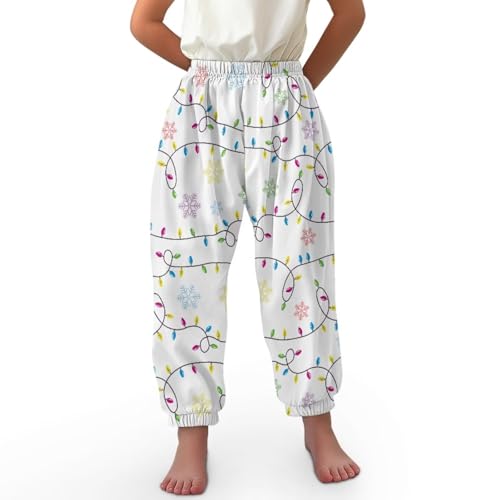 ORGYPET Christmas Girls Baggy Sweatpants M Children's Loose Legged Bloomers Soft Skin Friendly Girls Wide Leg Pants Girls Trousers Breathable Fabric for All Day Wear, Snowflake Christmas Light