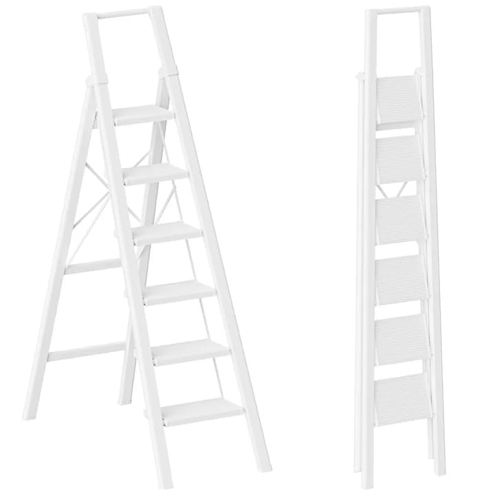 Image of 6 Step Ladder for 12 Feet High Ceiling, Lightweight Aluminum Folding Step Stool with Convenient Handgrip, Stepladders with Anti-Slip and Wide Pedal for Home Use Space Saving - White