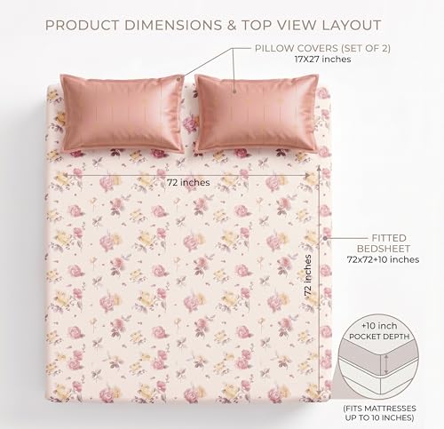 Image of HOMEKART Cotton Contrast Fitted Bedsheet for King Size Bed 72x72+10 Inch with 2 Pillow Covers 17x27 Inch | All Round Elastic | TC 144 Soft, Breathable Floral Printed Bedsheet (Rose Aura)