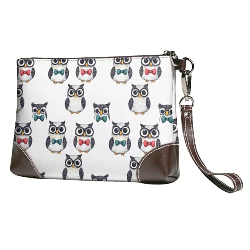 Small Clutch Purses for Women - Bow Tie Owl Print Leather Fashion Wristlet Wallets with Wrist Strap