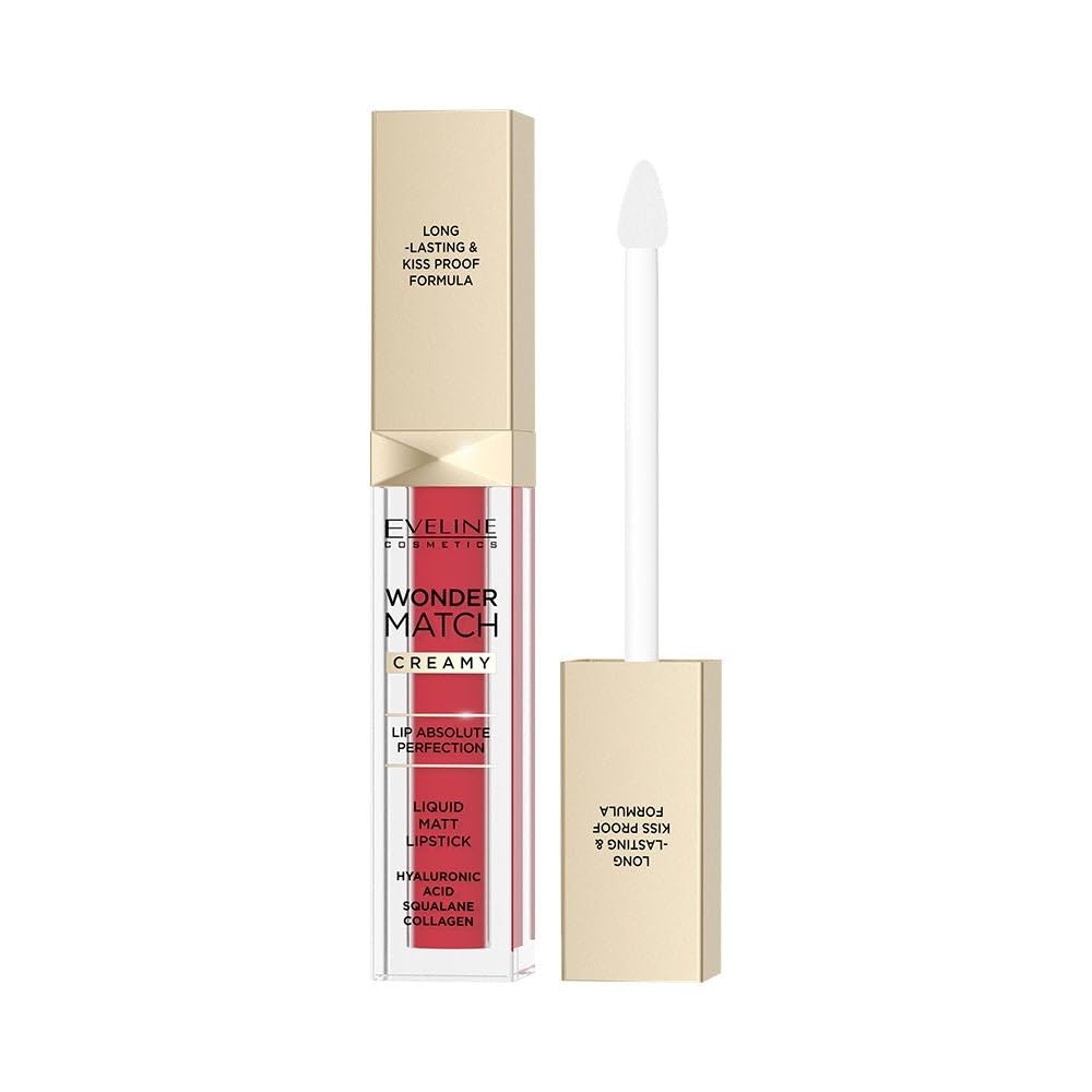 Eveline Cosmetics Wonder Match Matte Liquid Lipstick - Classic Red Wonder Match with Hyaluronic Acid, Squalane & Collagen, Long-Lasting, Kiss-Proof, 6.8 ml