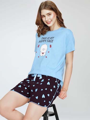 Image of ZEYO Night Suit for Women's Typography Printed Cotton Night Dress of Top and Shorts