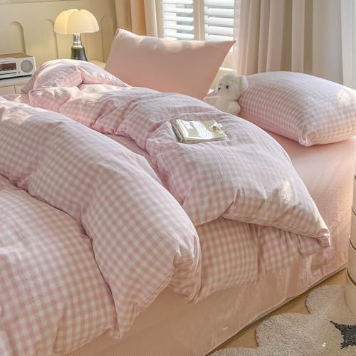 Image of VM VOUGEMARKET Pink Gingham Duvet Cover Set for Girls, Queen Size | Soft Washed Cotton, Duvet Cover Includes Pillowcases, Aesthetic Plaid Design, For Teen Girls & Students, Bedroom Dorm Decor