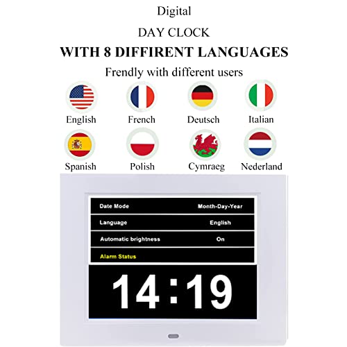 Digital Day Calendar Clock 8 Inch 12 Alarms Non-Abbreviations Day & Month Electronic Dementia Alzheimer Vision Impaired Memory Loss Desk Wall Clock #TOP5